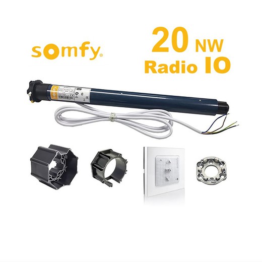 Kit moteur store SOMFY- RADIO IO 20 Nw. + Adaptateurs d'arbre Ø 60 octog. + support + bouton radio Smoove IO
