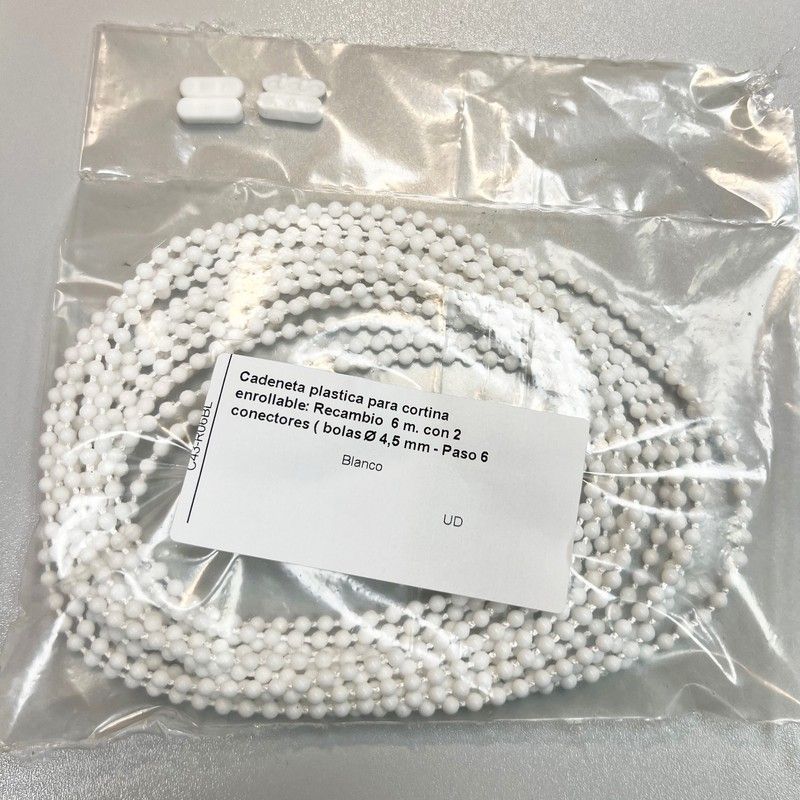 Cadeneta plástica para cortina enrollable: Recambio  6 m. con 2 conectores Paso 6 mm.)