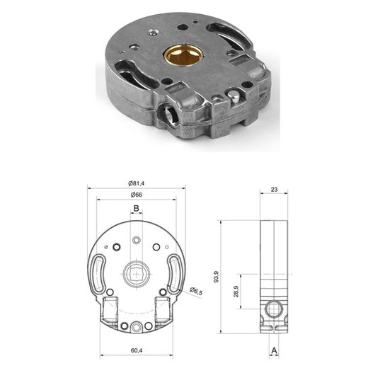 Mecanismo CARDAN zamak "CH" R:1/10 (Hasta 35 kg.) con final de carrera de 16 vueltas / Entrada axial perno Hexagonal 16 mm. / Para snodo con varilla cuadrada 8 mm.