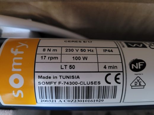 Motor cego Somfy LT50 HiPro Ceres 8 Nm / 17 rpm