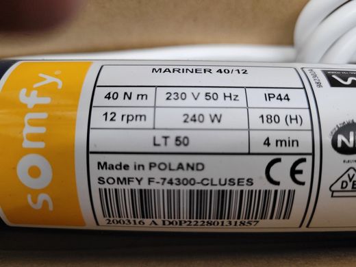 Motor cego Somfy LT50 Mariner VR 40 Nm / 12 rpm