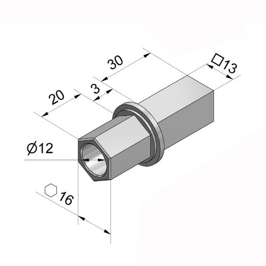 Perno-Inserto zamak cardan Hexagonal.16 mm / CUADRADO.13 mm: "CH"