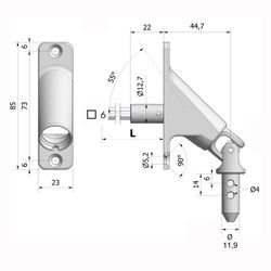 SNODE 90º: haste C.6 mm x 330 mm - placa 85x23 mm. Para manivela Ø 13 mm. - Macho Ø 9,9 mm.