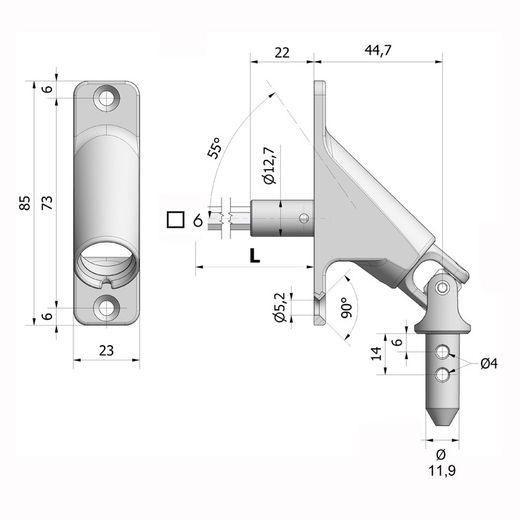 SNODE 90º: haste C.6 mm x 330 mm - placa 85x23 mm. Para manivela Ø 13 mm. - Macho Ø 9,9 mm.